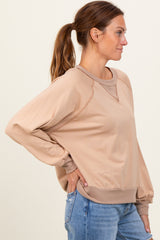 Beige French Terry Contrast Rib Long Sleeve Pullover