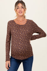 Brown Floral Ribbed Long Sleeve Maternity Top