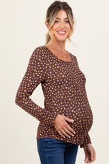 Brown Floral Ribbed Long Sleeve Maternity Top