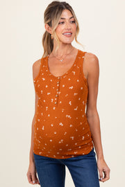 Rust Floral Print Ribbed Henley Sleeveless Maternity Top