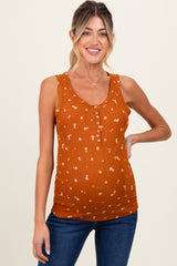 Rust Floral Print Ribbed Henley Sleeveless Maternity Top