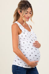 Cream Floral Print Ribbed Henley Sleeveless Maternity Top