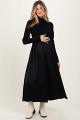 Black Knit Contrast Top Satin Maternity Midi Dress