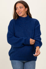 Blue Chunky Knit Mock Neck Maternity Sweater