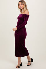 Plum Shiny Velour Off Shoulder Midi Dress