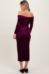 Plum Shiny Velour Off Shoulder Midi Dress