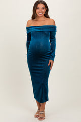 Teal Shiny Velour Off Shoulder Maternity Midi Dress