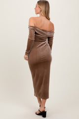 Taupe Shiny Velour Off Shoulder Midi Dress