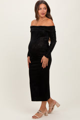 Black Shiny Velour Off Shoulder Maternity Midi Dress