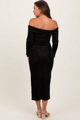 Black Shiny Velour Off Shoulder Maternity Midi Dress