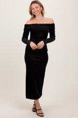 Black Shiny Velour Off Shoulder Maternity Midi Dress