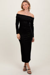 Black Shiny Velour Off Shoulder Midi Dress