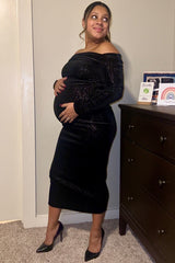 Black Shiny Velour Off Shoulder Maternity Midi Dress