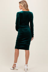 Forest Green Velvet Long Sleeve Ruched Maternity Midi Dress