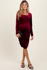 Burgundy Velvet Long Sleeve Ruched Maternity Midi Dress