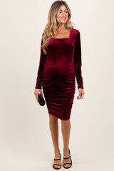 Burgundy Velvet Long Sleeve Ruched Maternity Midi Dress