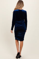 Navy Blue Velvet Long Sleeve Ruched Maternity Midi Dress