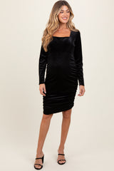 Black Velvet Long Sleeve Ruched Maternity Midi Dress