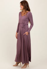 Mauve V-Neck Long Sleeve Sash Tie Maxi Dress