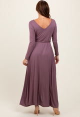 Mauve V-Neck Long Sleeve Sash Tie Maxi Dress