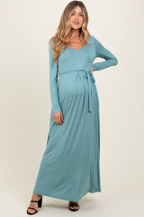 Light Olive V-Neck Long Sleeve Sash Tie Maternity Maxi Dress