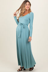 Light Olive V-Neck Long Sleeve Sash Tie Maternity Maxi Dress