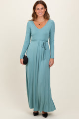 Light Olive V-Neck Long Sleeve Sash Tie Maternity Maxi Dress