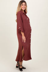 Rust Long Sleeve Button Down Maternity Maxi Dress