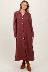 Rust Long Sleeve Button Down Maternity Maxi Dress