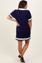 Navy Knit Contrast Trim Collared Maternity Mini Dress