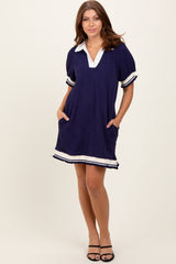 Navy Knit Contrast Trim Collared Mini Dress