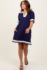 Navy Knit Contrast Trim Collared Mini Dress