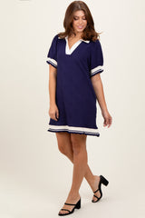 Navy Knit Contrast Trim Collared Mini Dress