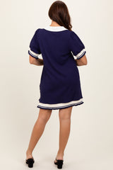 Navy Knit Contrast Trim Collared Mini Dress