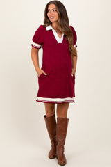 Burgundy Knit Contrast Trim Collared Maternity Mini Dress