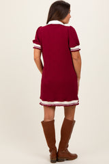 Burgundy Knit Contrast Trim Collared Maternity Mini Dress