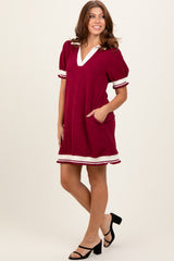 Burgundy Knit Contrast Trim Collared Mini Dress