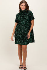 Forest Green Sequin Mock Neck Tie Back Maternity Dress