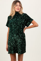 Forest Green Sequin Mock Neck Tie Back Maternity Dress