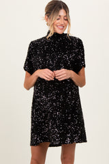 Black Sequin Mock Neck Tie Back Maternity Dress