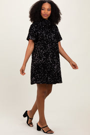 Black Sequin Mock Neck Tie Back Dress