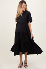 Black V-Neck Tiered Maternity Midi Dress