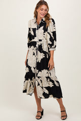 Black Floral Print Cinched Tie Waist Maternity Shirt Dress