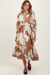 Camel Floral Print Cinched Tie Waist Maternity Shirt Dress