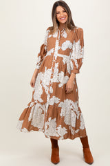 Camel Floral Print Cinched Tie Waist Maternity Shirt Dress