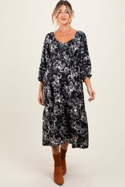 Black Floral Smocked 3/4 Sleeve Tiered Maternity Midi Dress