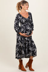 Black Floral Smocked 3/4 Sleeve Tiered Maternity Midi Dress