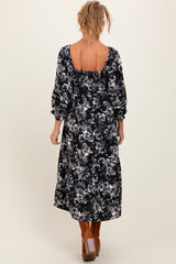 Black Floral Smocked 3/4 Sleeve Tiered Maternity Midi Dress