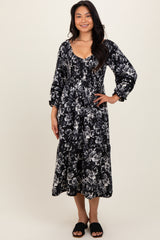 Black Floral Smocked 3/4 Sleeve Tiered Maternity Midi Dress