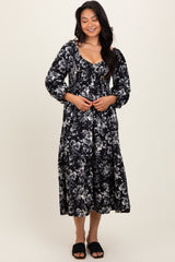 Black Floral Smocked 3/4 Sleeve Tiered Midi Dress